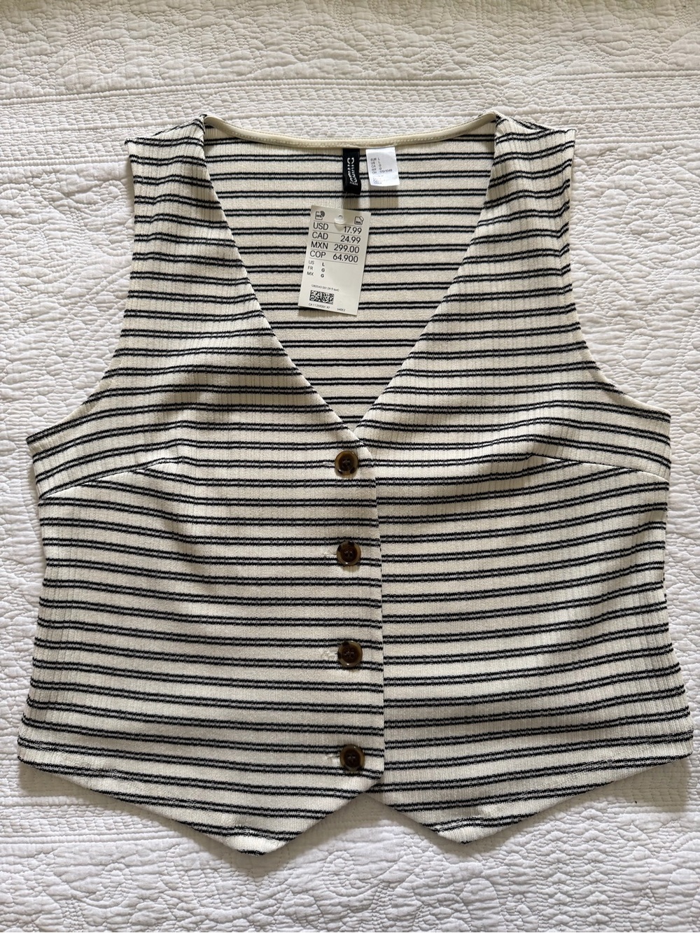 H&M Cream and Black Striped Button-Front Vest Top